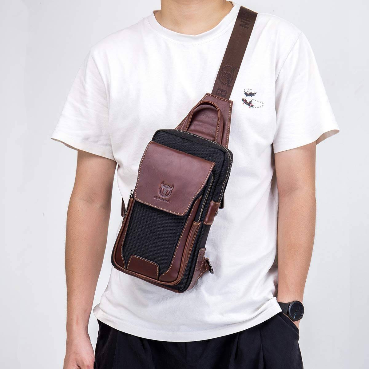 BULLCAPTAIN Genuine Leather Sling Bag Men Crossbody Chest Bags