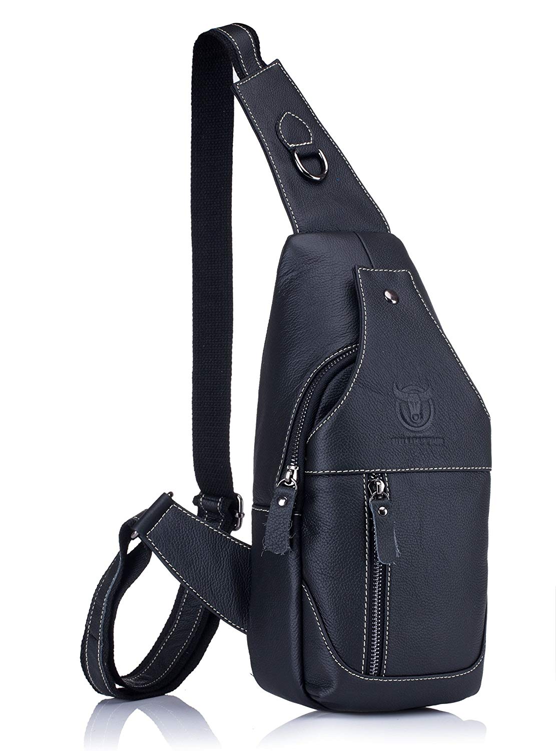 BULLCAPTAIN Men Sling Backpack Genuine Leather Shoulder Crossbody Chest Bag